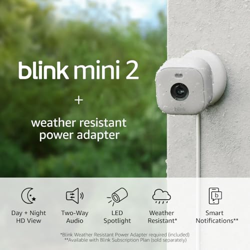 Blink Mini 2 + Weather Resistant Adapter — Indoor/Outdoor Home Security & Pet Camera(s) with HD video, motion detection, and built-in spotlight — 1 camera (White)