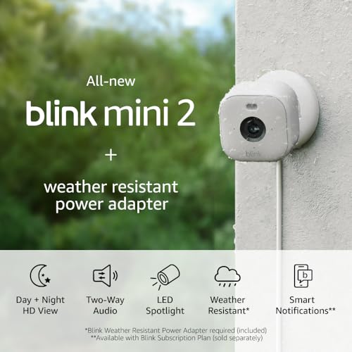 Blink Mini 2 + Weather Resistant Adapter — Indoor/Outdoor Home Security & Pet Camera(s) with HD video, motion detection, and built-in spotlight — 1 camera (White)