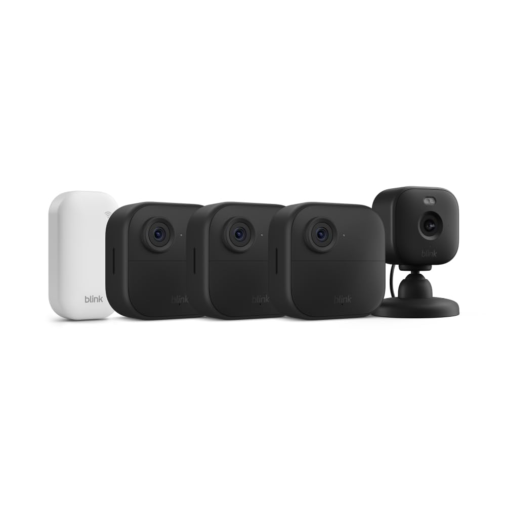 Blink Outdoor 4 + Mini 2 – Wireless smart security camera, two-year battery life, 1080p HD day and infrared night live view. Sync Module Core included – 1 camera system + Mini 2 (Black)