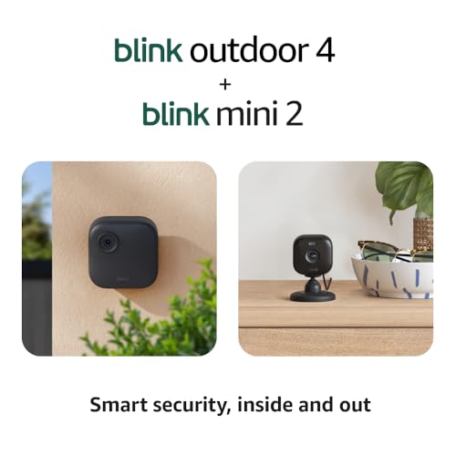 Blink Outdoor 4 + Mini 2 – Wireless smart security camera, two-year battery life, 1080p HD day and infrared night live view. Sync Module Core included – 1 camera system + Mini 2 (Black)