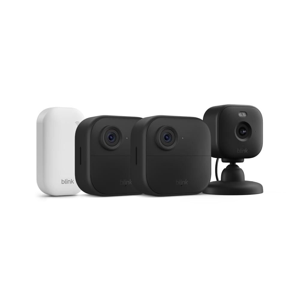 Blink Outdoor 4 + Mini 2 – Wireless smart security camera, two-year battery life, 1080p HD day and infrared night live view. Sync Module Core included – 1 camera system + Mini 2 (Black)