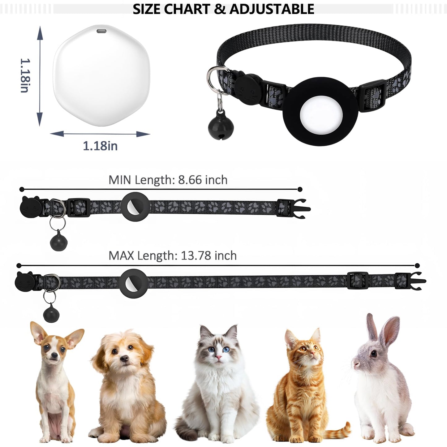GPS Tracker for Cats, Mini GPS Pet Tracker with Collar, IP68 Waterproof Cat Trackers Collar,No Monthly Fee,Work with Apple Find My(iOS Only),Smart Trackers for Pets(Black)