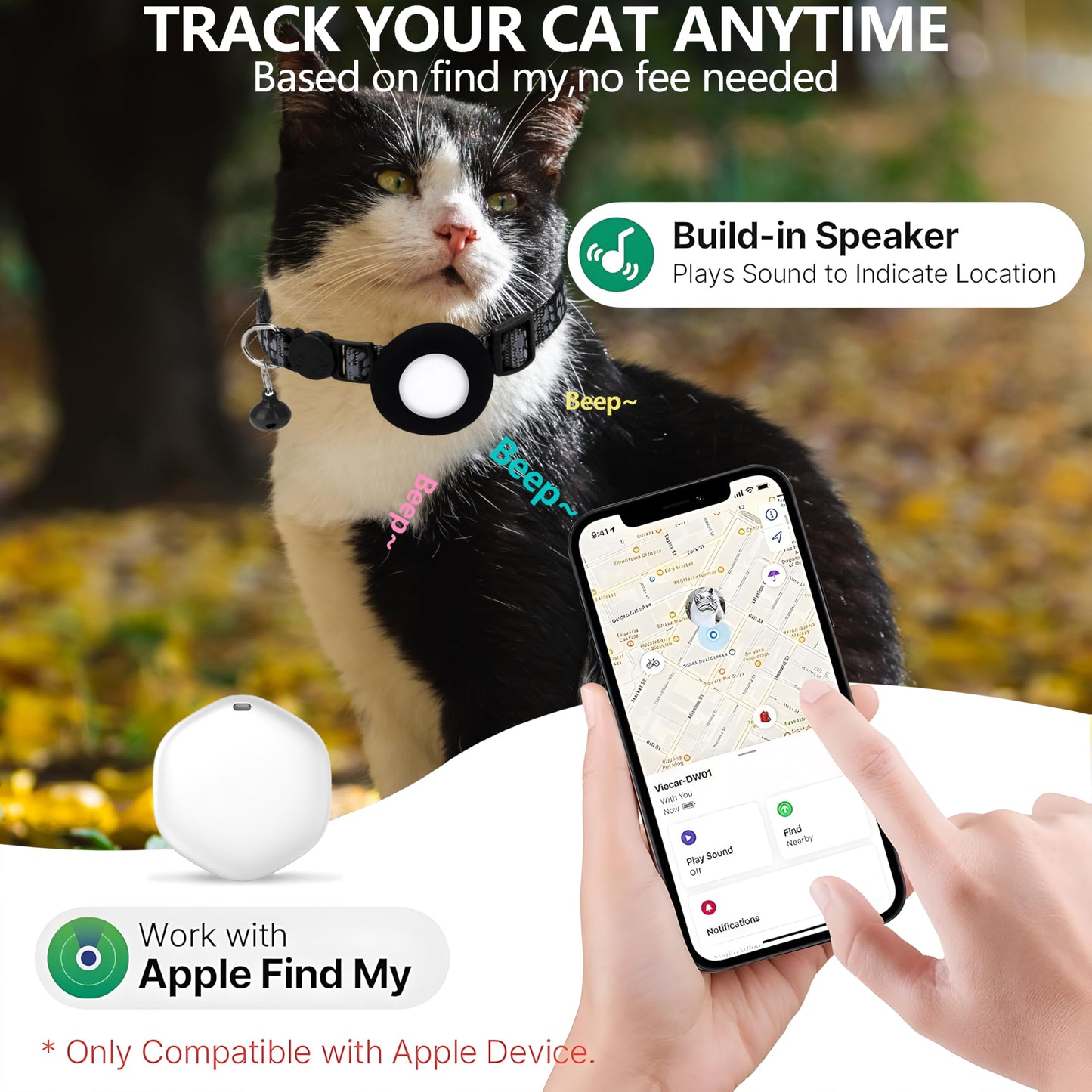 GPS Tracker for Cats, Mini GPS Pet Tracker with Collar, IP68 Waterproof Cat Trackers Collar,No Monthly Fee,Work with Apple Find My(iOS Only),Smart Trackers for Pets(Black)
